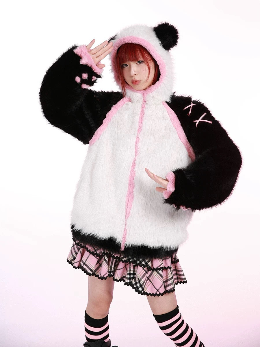 Get trendy with Evil Tooth Kawaii Panda Look Faux Fur Hoodie Coat -  available at Peiliee Shop. Grab yours for $78 today!