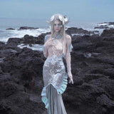 [Blood Supply] Silver Song Of Siren Mermaid Illusion Halter Maxi Dress