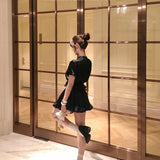 SheepKiss Miss Coco Black Satin Shirt and Skirt Set