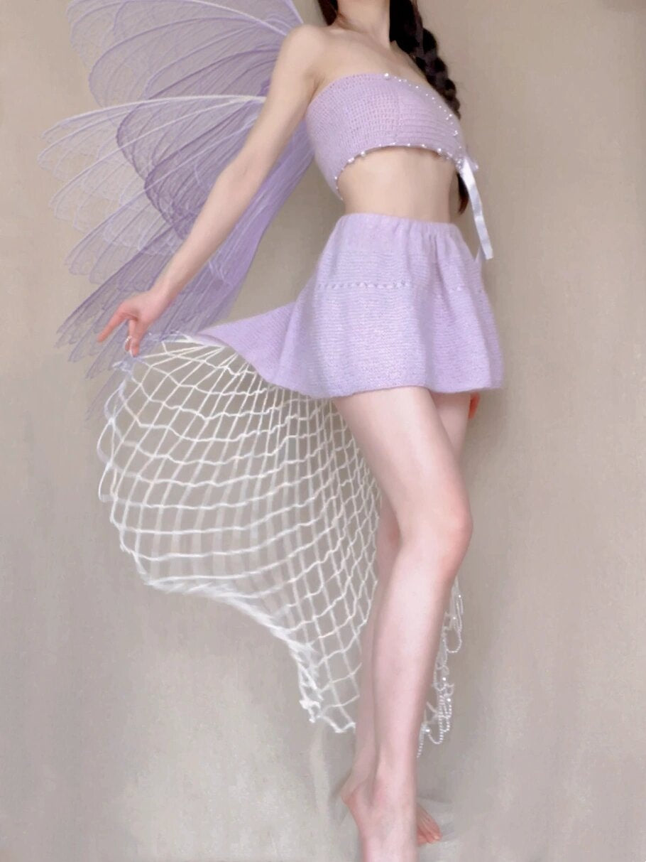 Get trendy with [Tailor Made] Lavender Dream Fairy Style Knitting Set with glass Pearl on bralette and skirt -  available at Peiliee Shop. Grab yours for $118 today!