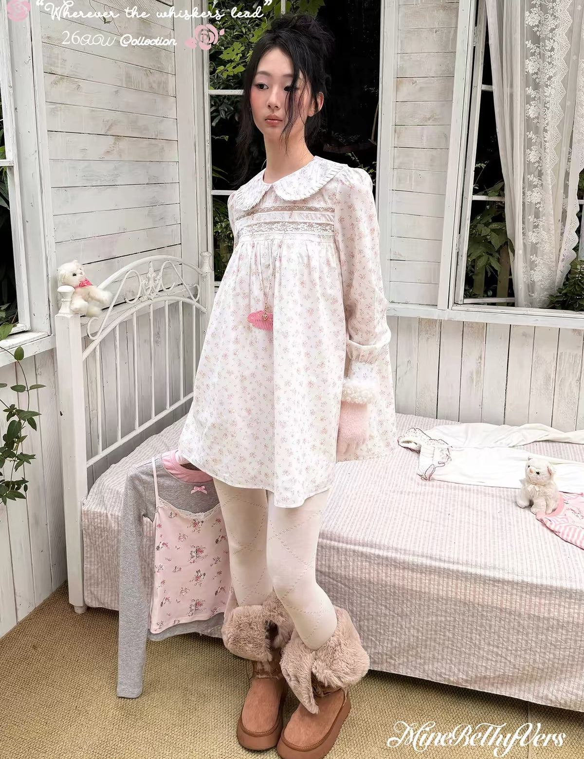 MineBeThyVers Babydoll Floral 100% Cotton White Long Sleeves Dress