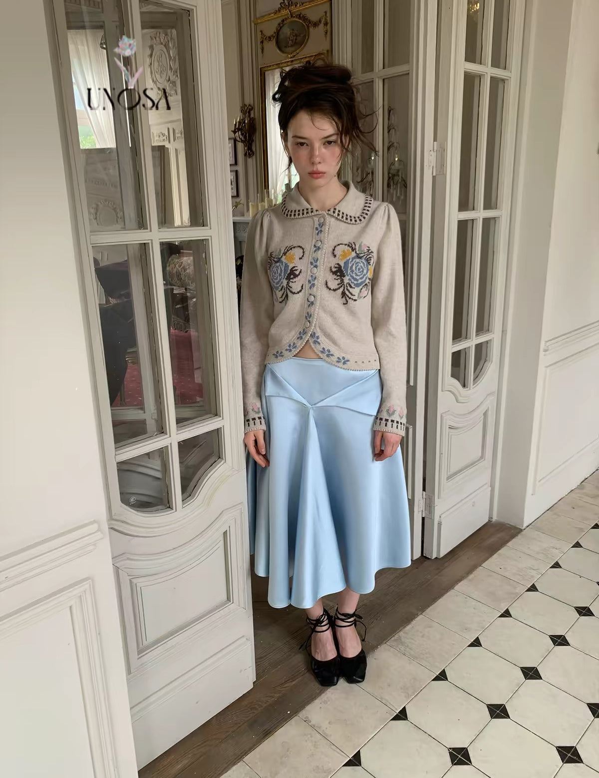 UNOSA Ice Blue Satin A-Line Skirt
