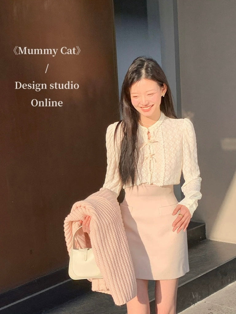 [Mummy Cat] Soft Rose Ribbon Lace Shirt - Premium Clothing from Mummy Cat - Just $42! Shop now at Peiliee Shop
