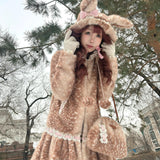 [Rose Island] Deer In Flower Field Faux Fur Coat