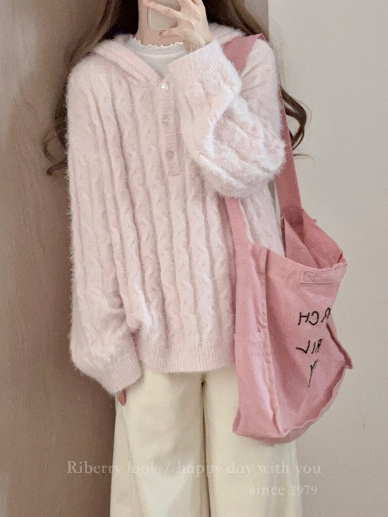 Get trendy with Soft Pink Age Wool Blended Sweater Hoodie - Sweater available at Peiliee Shop. Grab yours for $9 today!