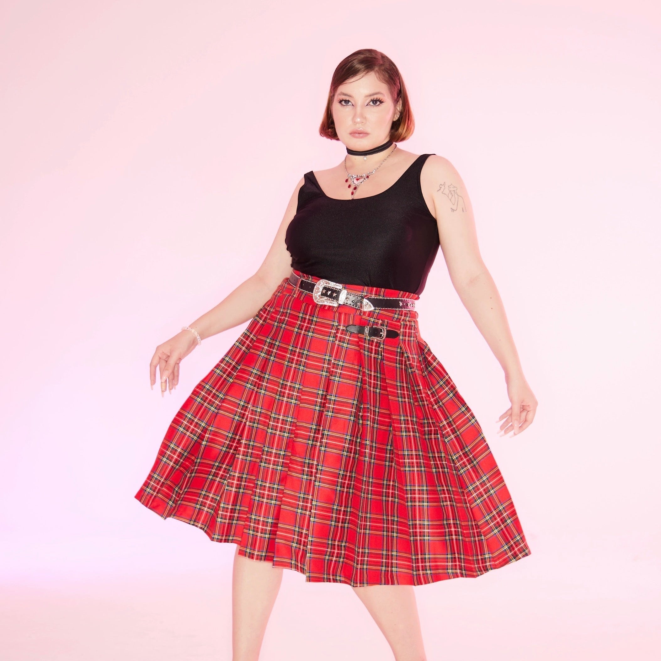 Get trendy with [Curve Beauty] Red Punk Plaid Skirt - Curve available at Peiliee Shop. Grab yours for $54 today!