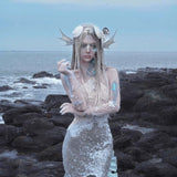 [Blood Supply] Silver Song Of Siren Mermaid Illusion Halter Maxi Dress