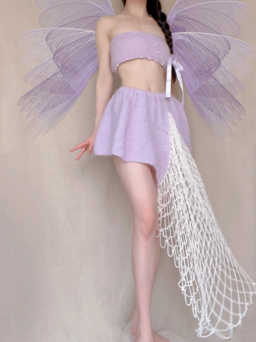 Get trendy with [Tailor Made] Lavender Dream Fairy Style Knitting Set with glass Pearl on bralette and skirt -  available at Peiliee Shop. Grab yours for $118 today!