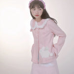 Get trendy with [Rose Island] Pink Bunny Denim Jacket - Coats & Jackets available at Peiliee Shop. Grab yours for $55 today!