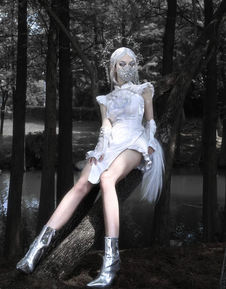 Get trendy with [Blood Supply] Silver Dragon With White Walker Qipao Style Mini Dress - Romper available at Peiliee Shop. Grab yours for $58 today!