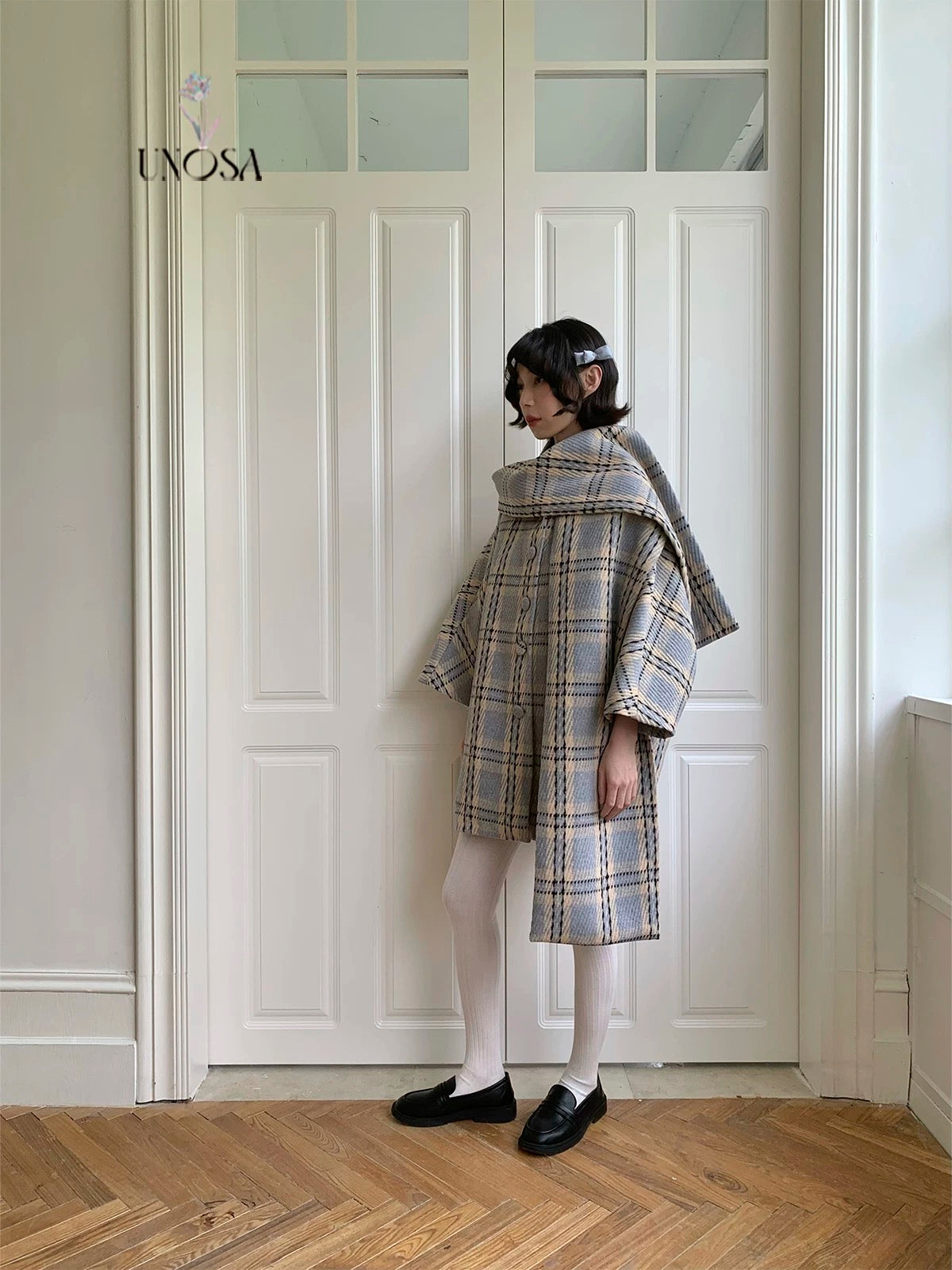 Get trendy with [UNOSA] British Girl Oversized Scarf Collar Plaid Coat - Coats & Jackets available at Peiliee Shop. Grab yours for $145 today!