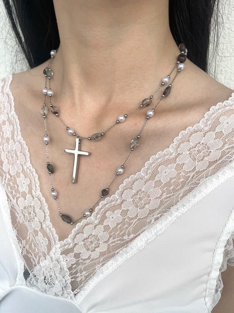 Get trendy with Gothic Doll Cross Glass Pearl Double Necklace -  available at Peiliee Shop. Grab yours for $19.80 today!