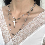 Get trendy with Gothic Doll Cross Glass Pearl Double Necklace -  available at Peiliee Shop. Grab yours for $19.80 today!