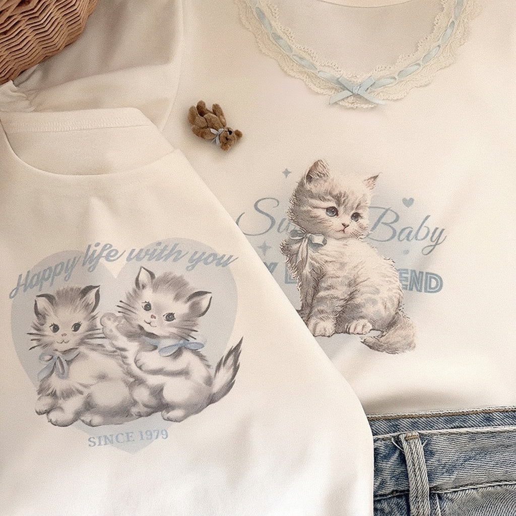 Get trendy with Angel Kitty Cotton Crop top - Sweater available at Peiliee Shop. Grab yours for $15 today!