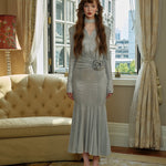 Get trendy with [Spoii Unosa] Silver Luminous Mermaid Maxi Dress Gown -  available at Peiliee Shop. Grab yours for $72.90 today!