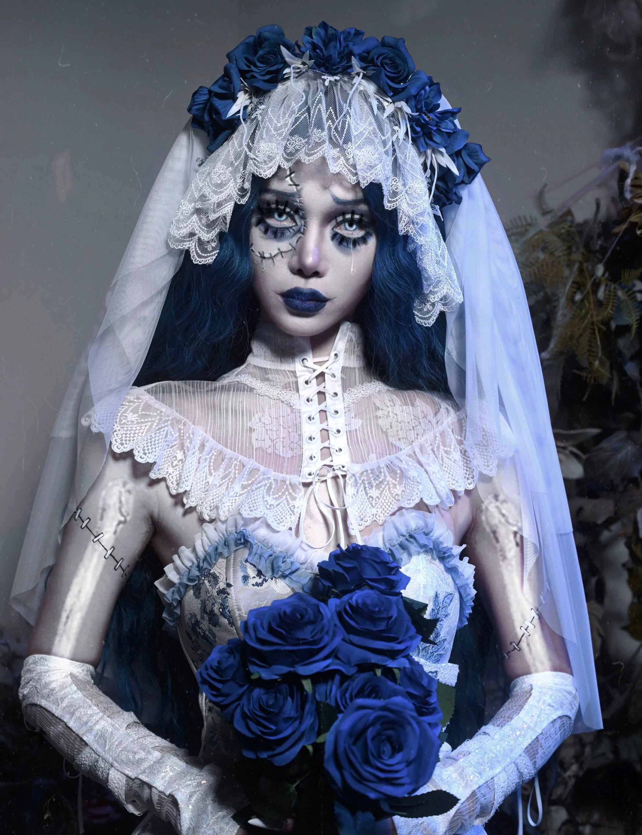 Get trendy with [Blood Supply] Corpse Bride Gothic Rose Veil and Gloves - Crop Top available at Peiliee Shop. Grab yours for $18 today!
