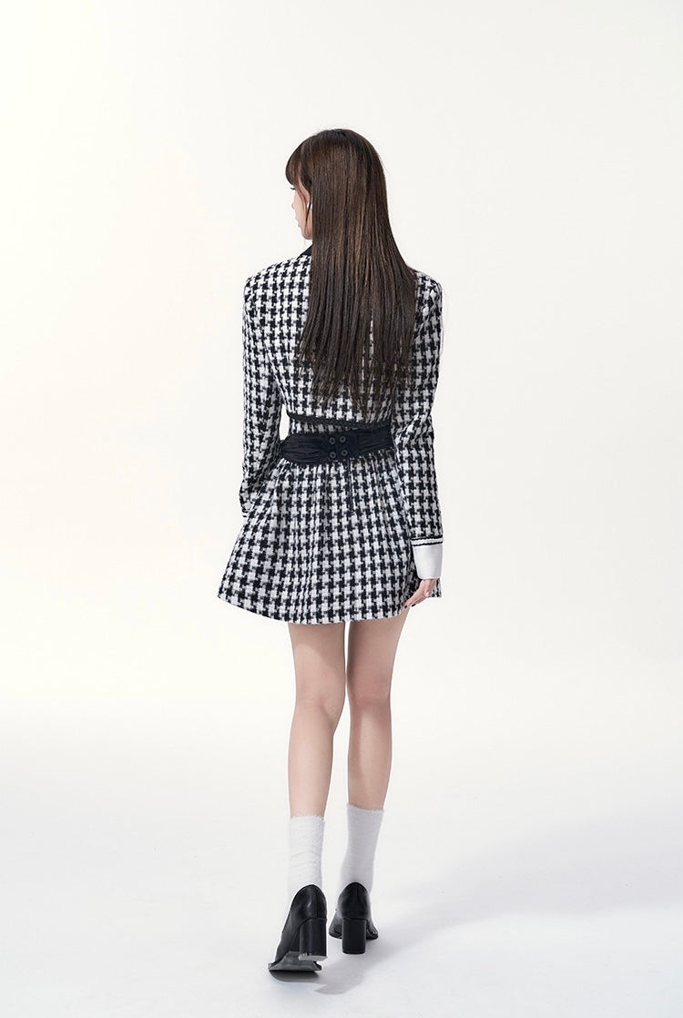 Get trendy with [Underpass] Monochrome Houndstooth Bowtie Jacket & Skirt Set -  available at Peiliee Shop. Grab yours for $69 today!