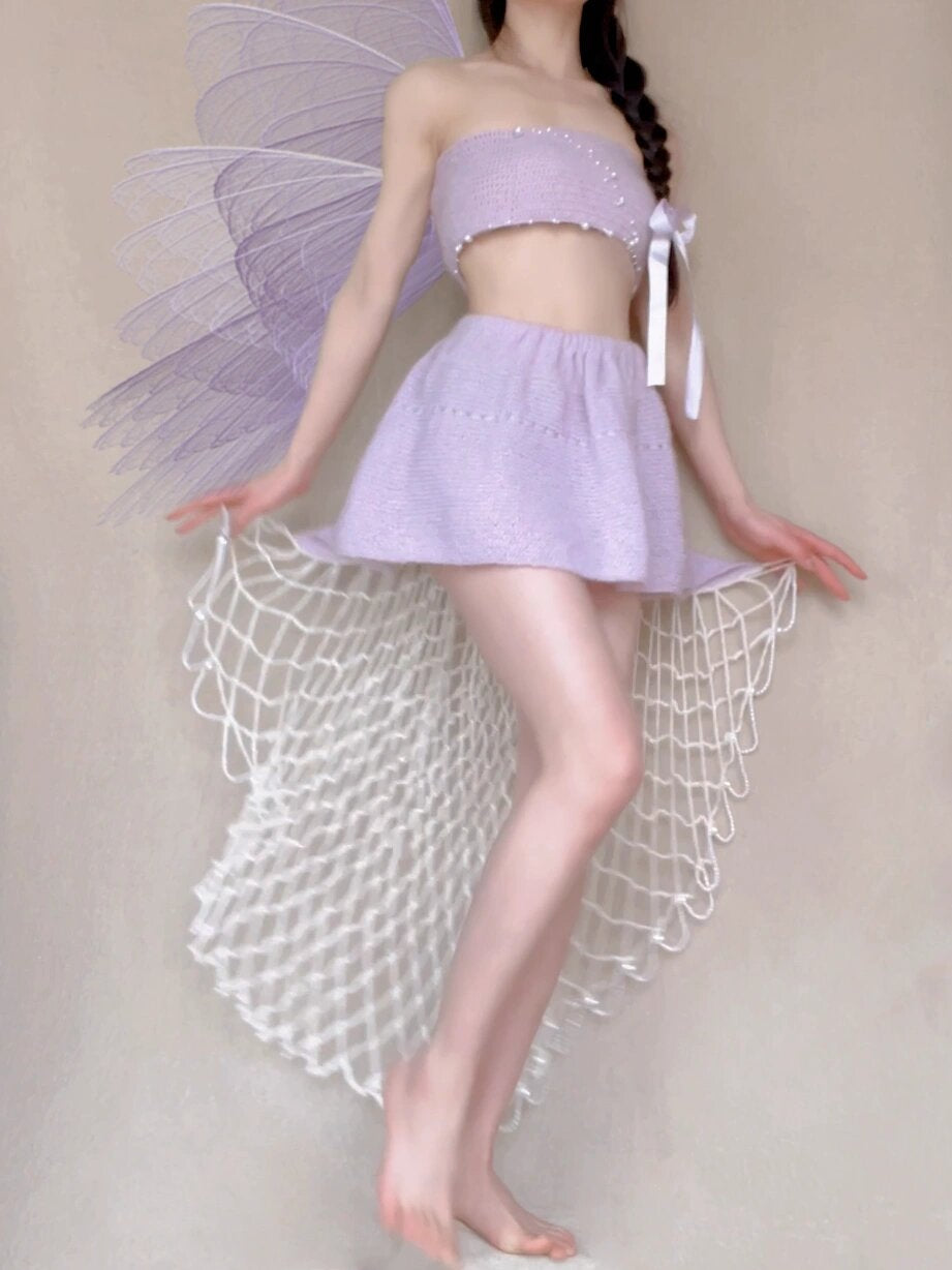 Get trendy with [Tailor Made] Lavender Dream Fairy Style Knitting Set with glass Pearl on bralette and skirt -  available at Peiliee Shop. Grab yours for $118 today!