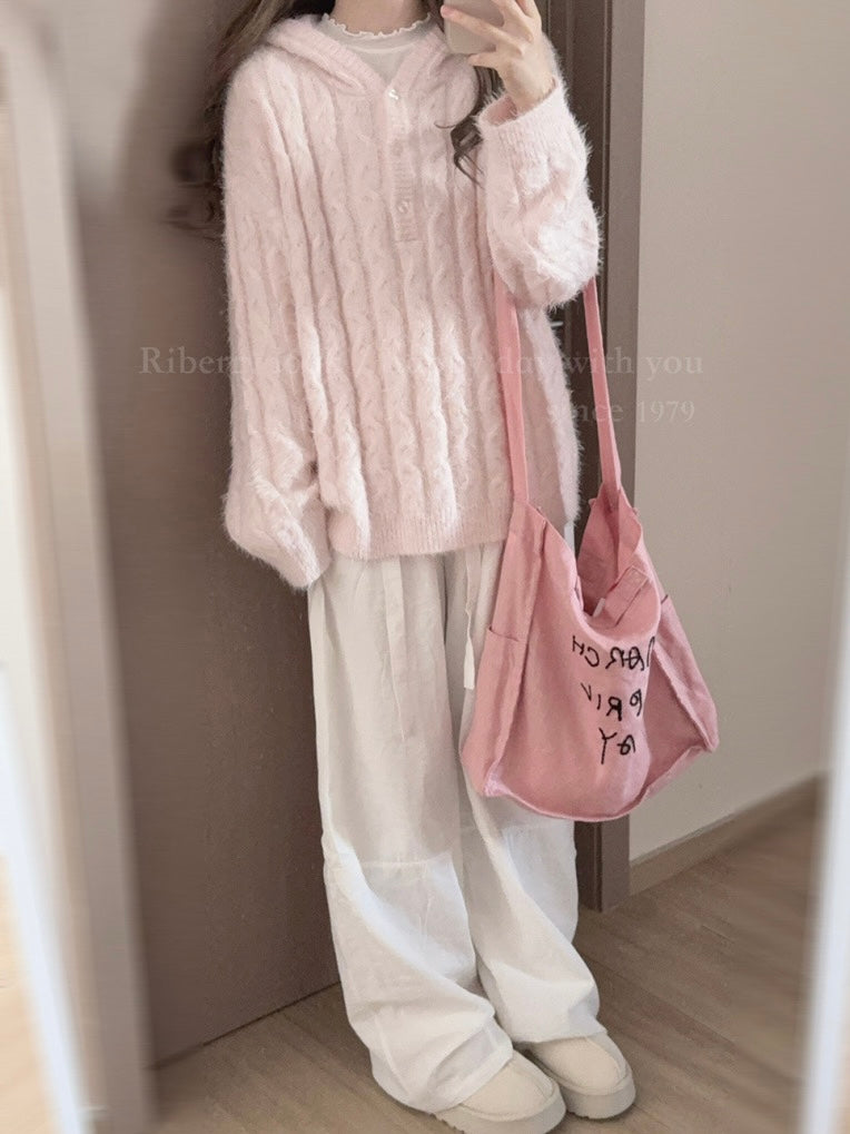 Get trendy with Soft Pink Age Wool Blended Sweater Hoodie - Sweater available at Peiliee Shop. Grab yours for $9 today!