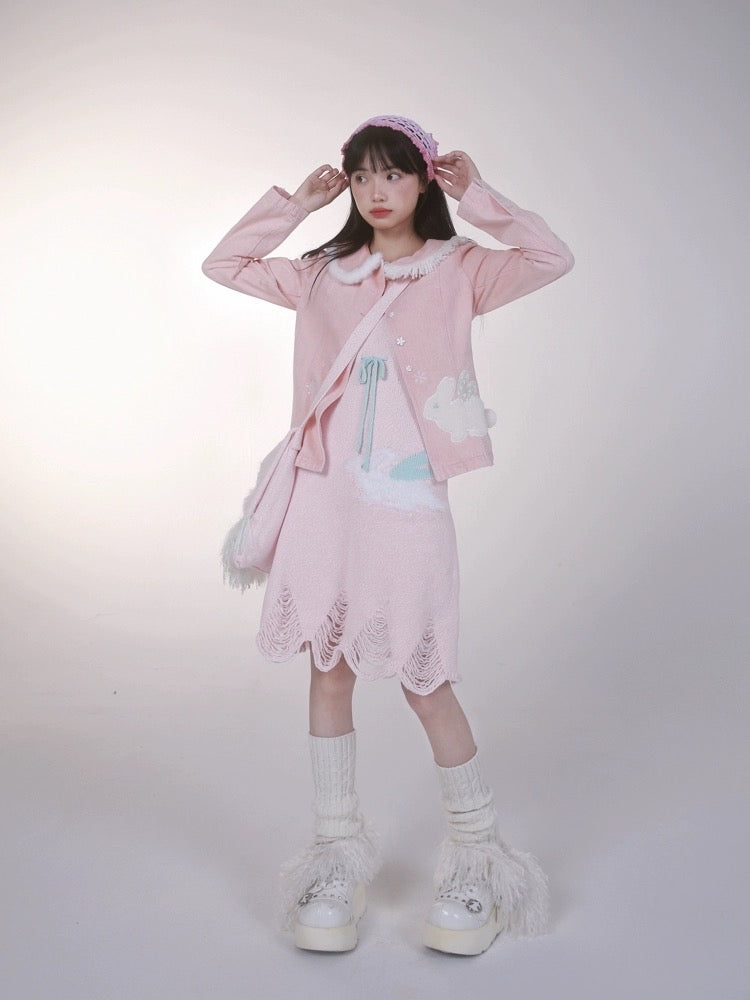 Get trendy with [Rose Island] Pink Bunny Denim Jacket - Coats & Jackets available at Peiliee Shop. Grab yours for $55 today!