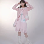 Get trendy with [Rose Island] Pink Bunny Denim Jacket - Coats & Jackets available at Peiliee Shop. Grab yours for $55 today!