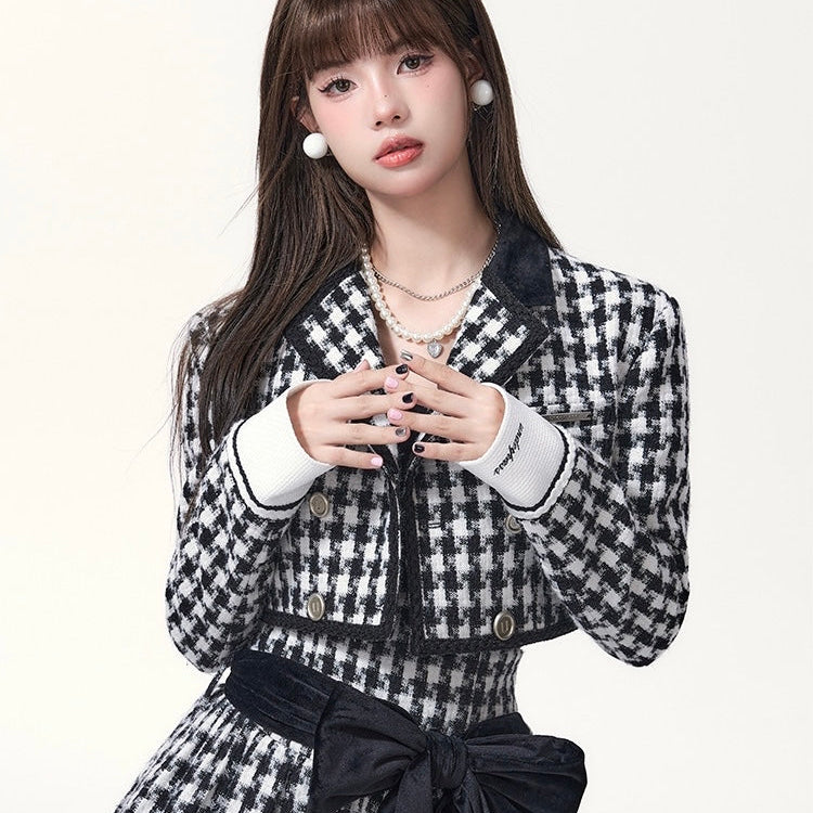 Get trendy with [Underpass] Monochrome Houndstooth Bowtie Jacket & Skirt Set -  available at Peiliee Shop. Grab yours for $69 today!