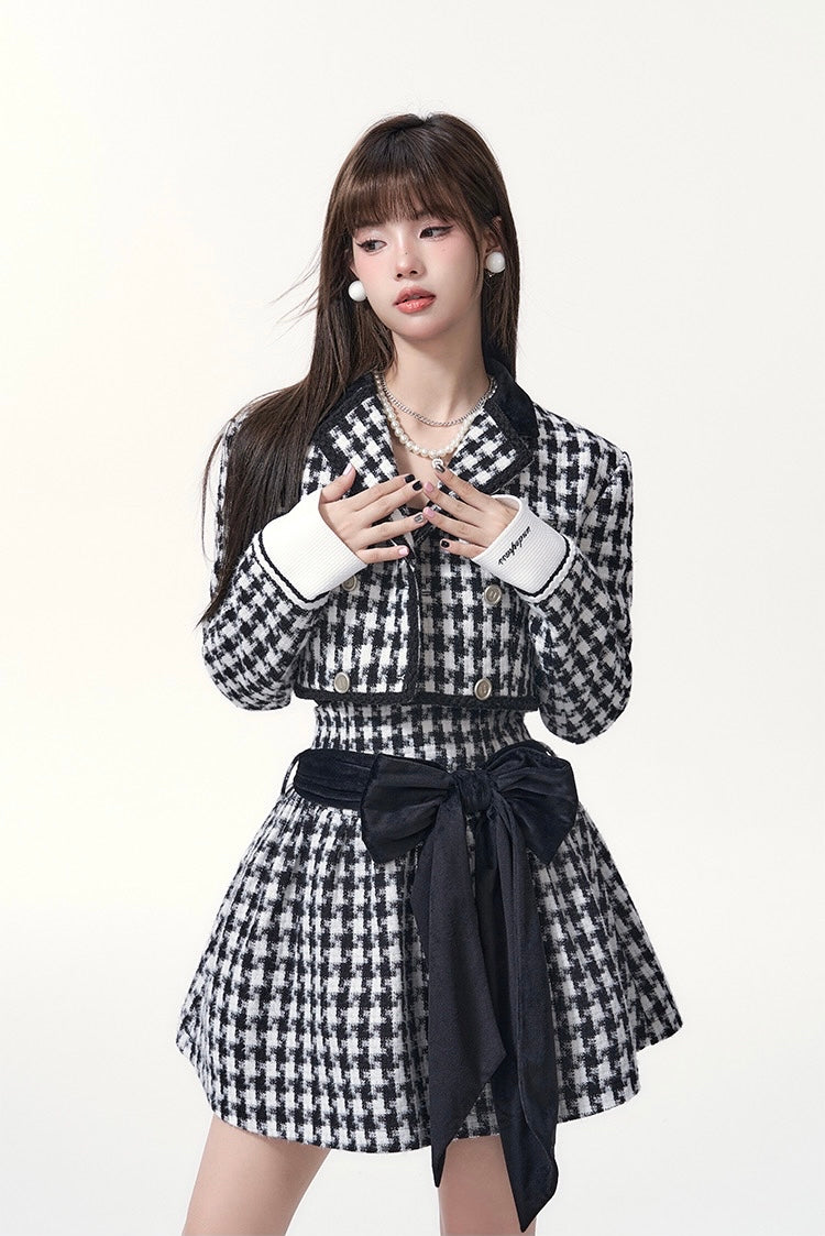 Get trendy with [Underpass] Monochrome Houndstooth Bowtie Jacket & Skirt Set -  available at Peiliee Shop. Grab yours for $69 today!