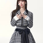 Get trendy with [Underpass] Monochrome Houndstooth Bowtie Jacket & Skirt Set -  available at Peiliee Shop. Grab yours for $69 today!