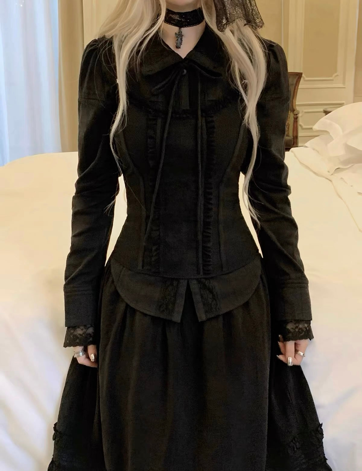 KittenClaw Nightfall Black Gothic Lace Cross 100% Cotton Top and skirt set
