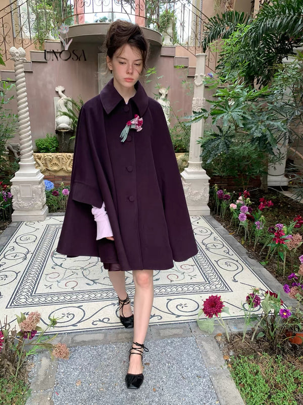 UNOSA Noble Court Grape-Purple Wool-Blend Cape Coat