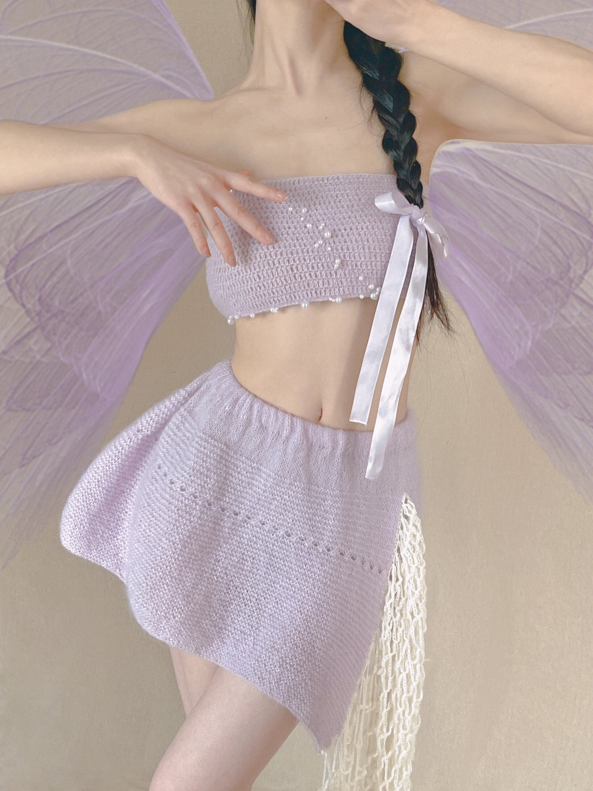 Get trendy with [Tailor Made] Lavender Dream Fairy Style Knitting Set with glass Pearl on bralette and skirt -  available at Peiliee Shop. Grab yours for $118 today!