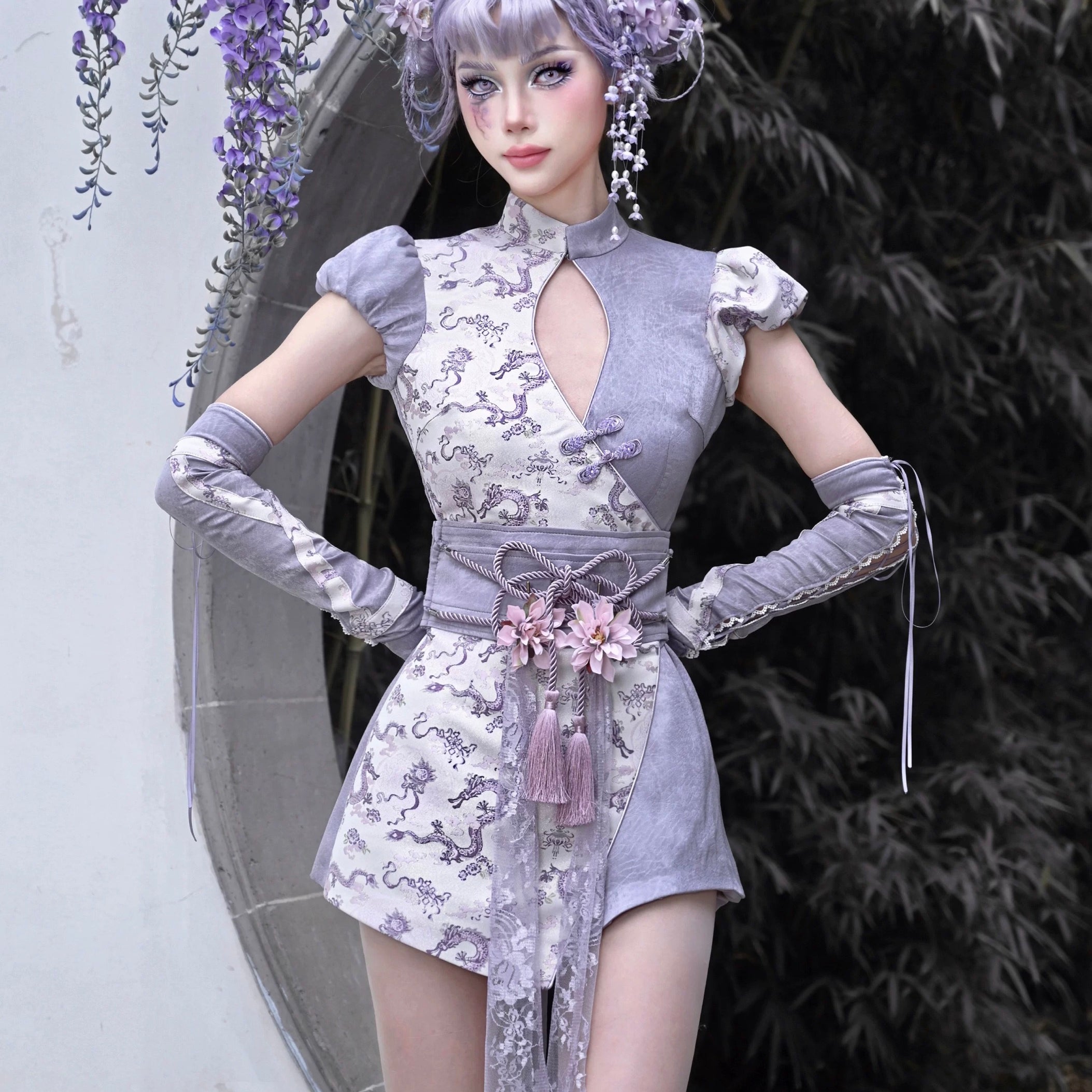 Get trendy with [Blood Supply] Dragon In Wisteria Qipao Style Romper Jumpsuit - Romper available at Peiliee Shop. Grab yours for $35 today!