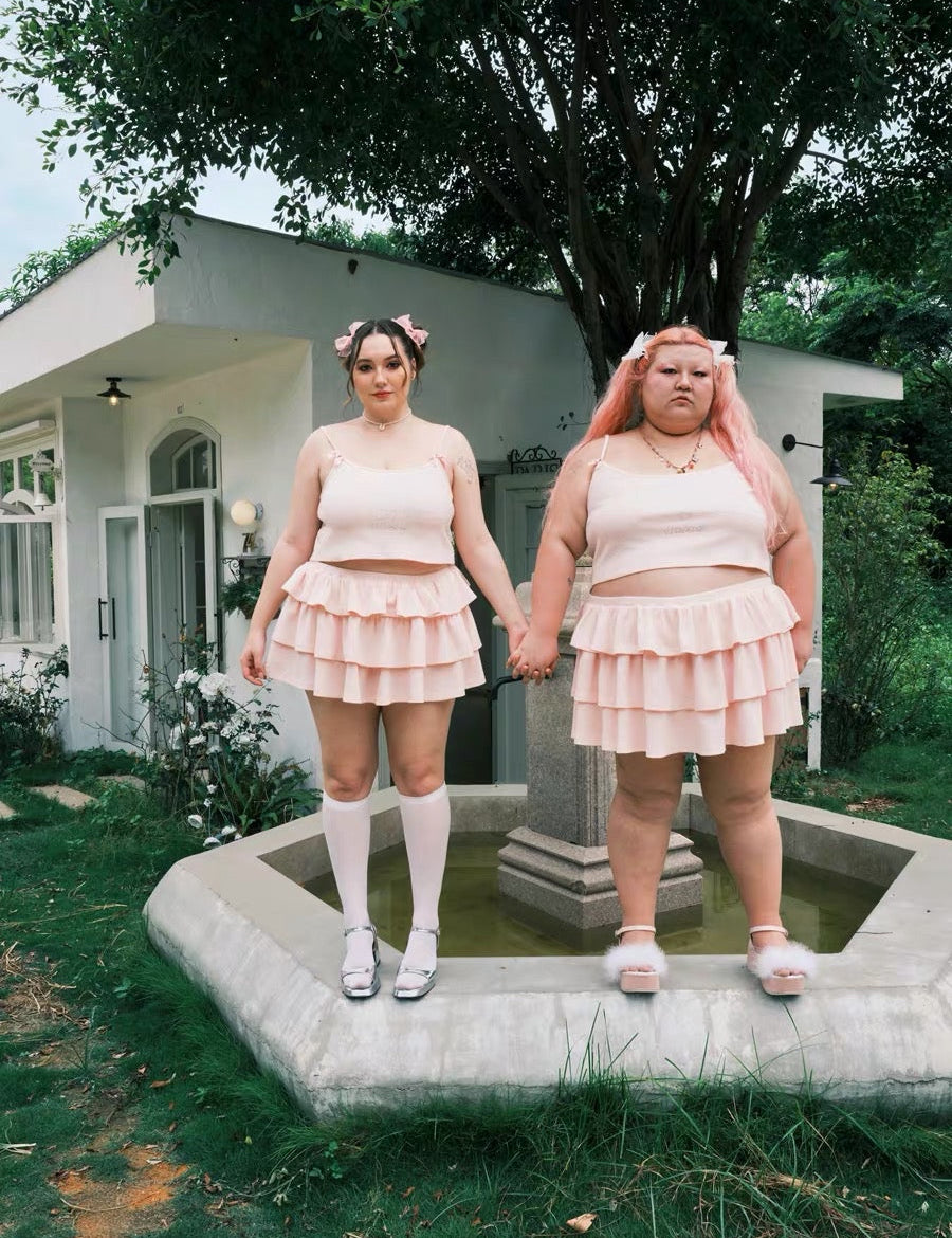Get trendy with [Curve Beauty] Sorry I only eat salad soft pink sweet girl crop top and mini skirt set -  available at Peiliee Shop. Grab yours for $32 today!