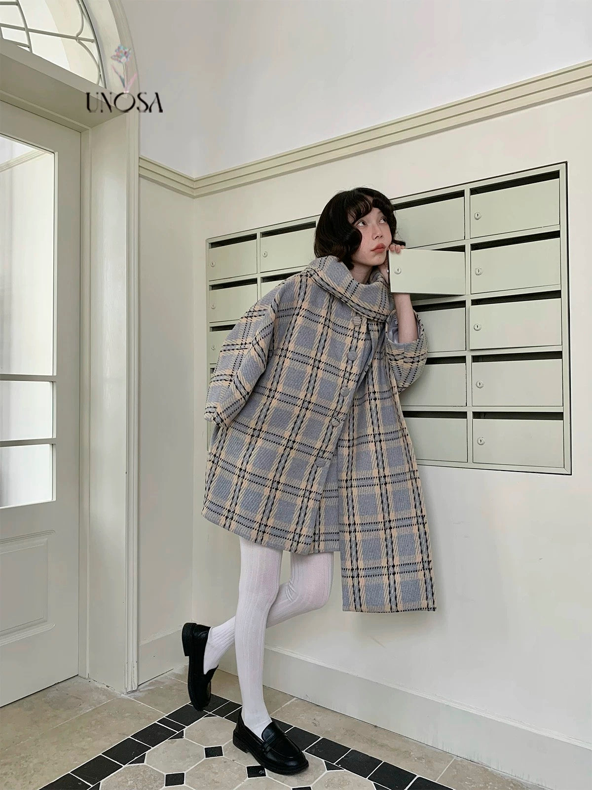 Get trendy with [UNOSA] British Girl Oversized Scarf Collar Plaid Coat - Coats & Jackets available at Peiliee Shop. Grab yours for $145 today!