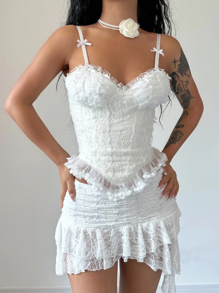 Get trendy with [Up To 2XL] Snow Love Corset Top and skirt setd -  available at Peiliee Shop. Grab yours for $42 today!