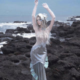 [Blood Supply] Silver Song Of Siren Mermaid Illusion Halter Maxi Dress