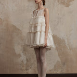 Fa Sogno White Mélodie de Tulle Bellet Ruffle Dress