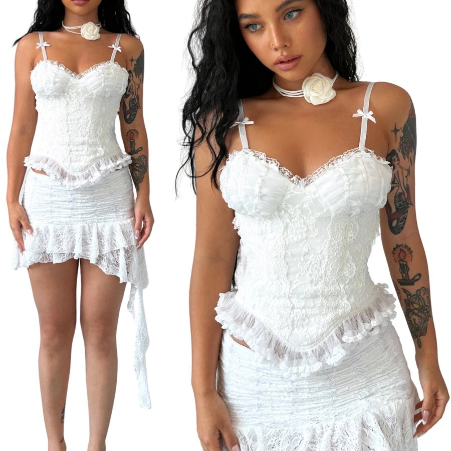 Get trendy with [Up To 2XL] Snow Love Corset Top and skirt setd -  available at Peiliee Shop. Grab yours for $42 today!