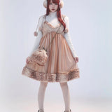 Rose Island Deer collection fawn pattern print faux fur handbag model wearing as cross body bag whole view 