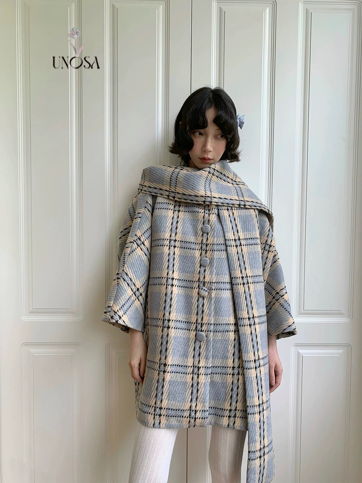 Get trendy with [UNOSA] British Girl Oversized Scarf Collar Plaid Coat - Coats & Jackets available at Peiliee Shop. Grab yours for $145 today!