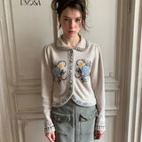 UNOSA Oatmeal Rose 30% Wool Jacquard Puff-Sleeve Cardigan
