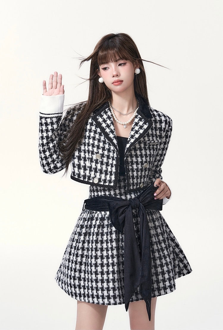 Get trendy with [Underpass] Monochrome Houndstooth Bowtie Jacket & Skirt Set -  available at Peiliee Shop. Grab yours for $69 today!