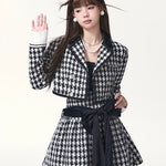 Get trendy with [Underpass] Monochrome Houndstooth Bowtie Jacket & Skirt Set -  available at Peiliee Shop. Grab yours for $69 today!