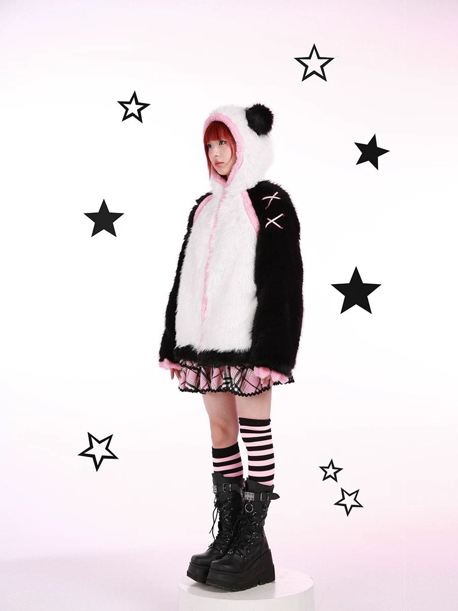 Get trendy with Evil Tooth Kawaii Panda Look Faux Fur Hoodie Coat -  available at Peiliee Shop. Grab yours for $78 today!