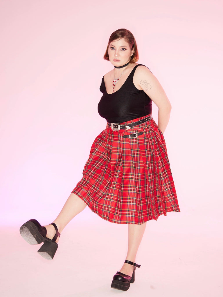 [Curve Beauty] Red Punk Plaid Skirt - Premium Curve from Lan Studio - Just $54! Shop now at Peiliee Shop