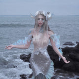 [Blood Supply] Silver Song Of Siren Mermaid Illusion Halter Maxi Dress