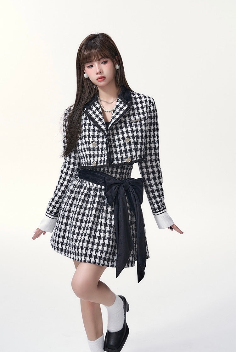 Get trendy with [Underpass] Monochrome Houndstooth Bowtie Jacket & Skirt Set -  available at Peiliee Shop. Grab yours for $69 today!