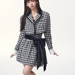 Get trendy with [Underpass] Monochrome Houndstooth Bowtie Jacket & Skirt Set -  available at Peiliee Shop. Grab yours for $69 today!