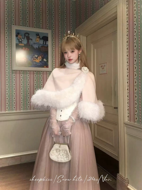 SheepKiss Winter Rose Soft Pink Princess Cape Faux Fur