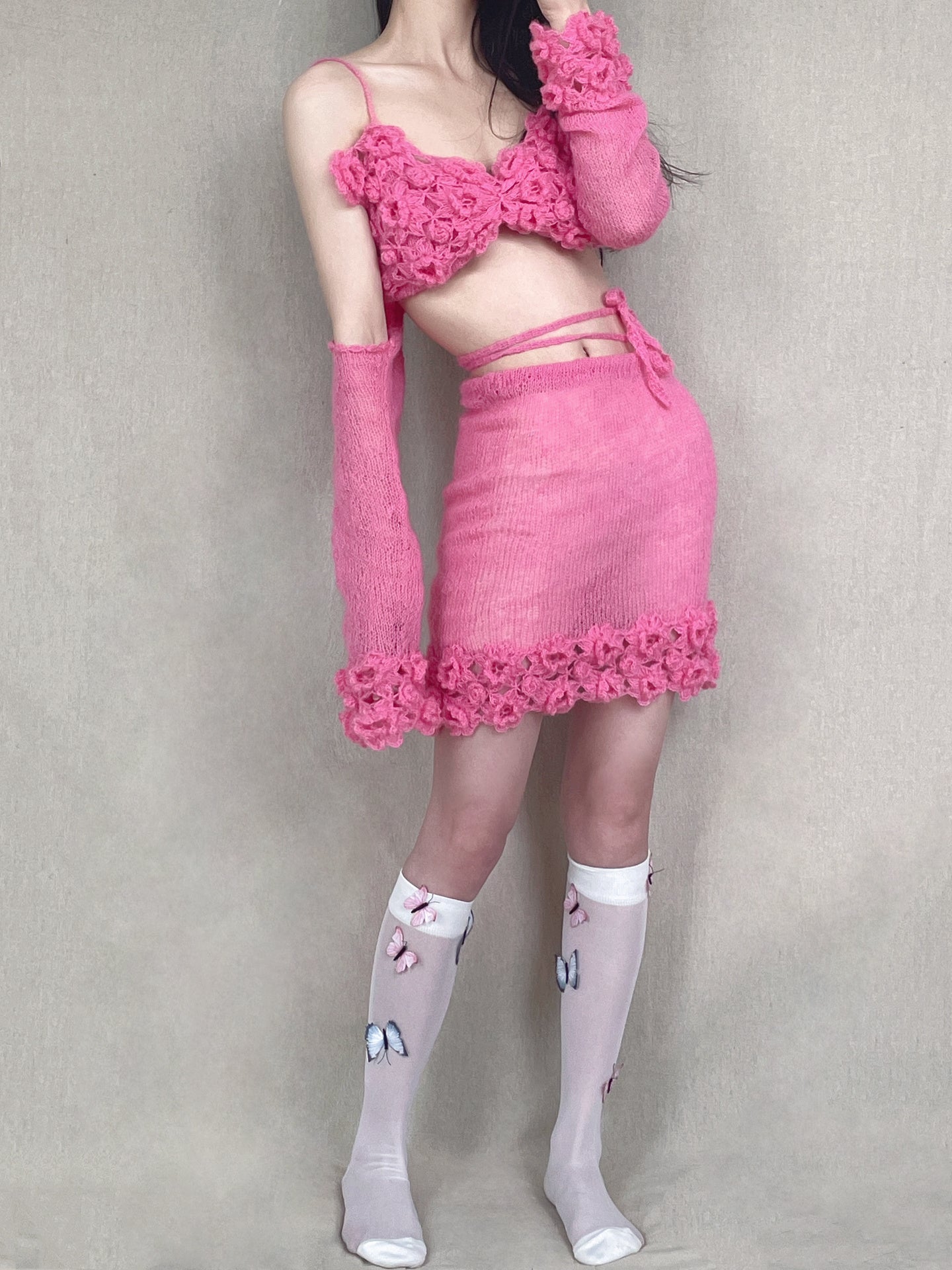 Get trendy with [Tailor Made] Raspberry Blush Hand Knitted Bikini Style Top Skirt Cardigan Set -  available at Peiliee Shop. Grab yours for $118 today!